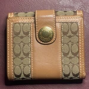 vintage Coach Bifold Wallet. classic khaki signature  canvas tan leather trim
